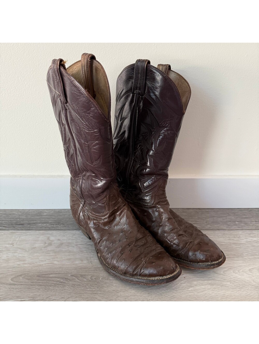 Vintage Tony Lama Brown Ostrich Round Toe Leather Western Cowboy Boots Size 9